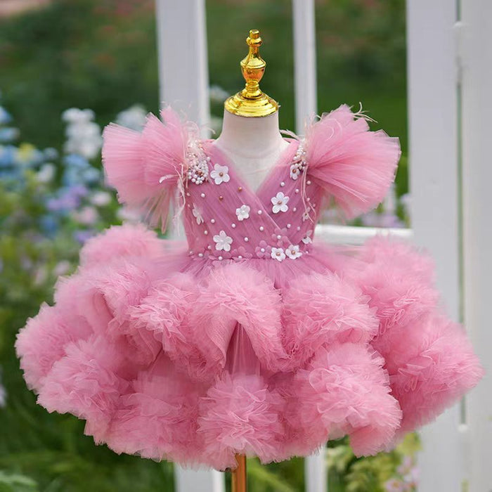 Pink Flowers Knee Length 1st Birthday Party Girl Dress J356