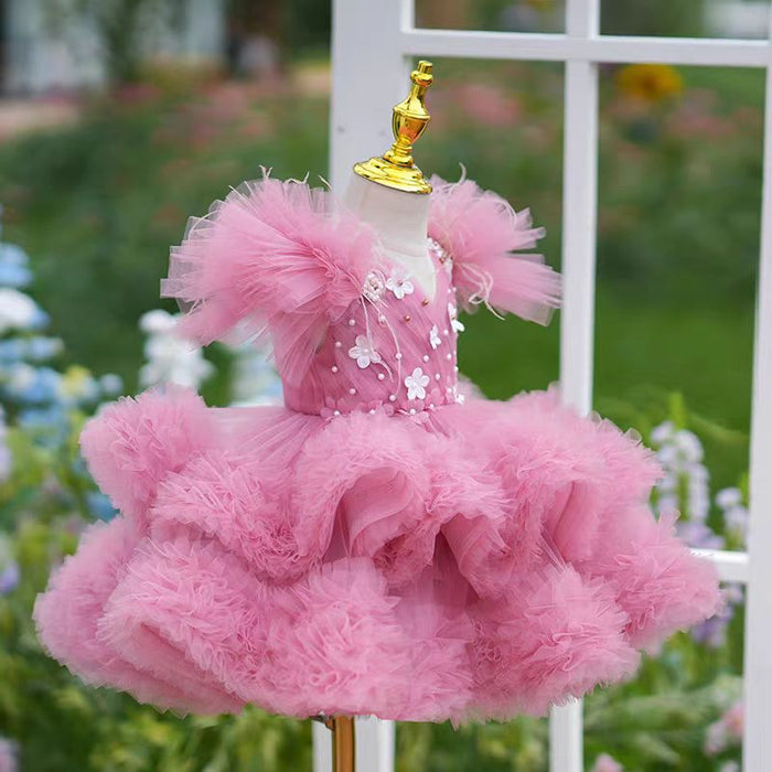 Pink Flowers Knee Length 1st Birthday Party Girl Dress J356