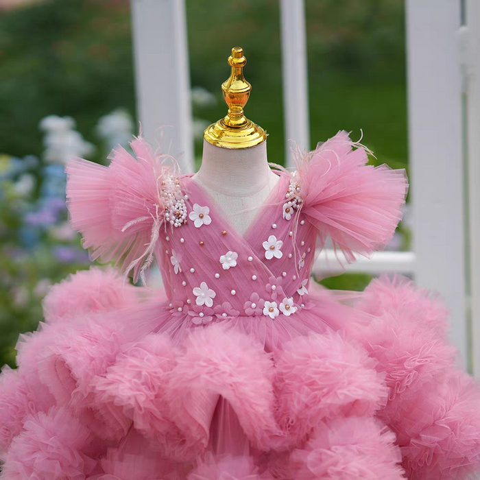 Pink Flowers Knee Length 1st Birthday Party Girl Dress J356
