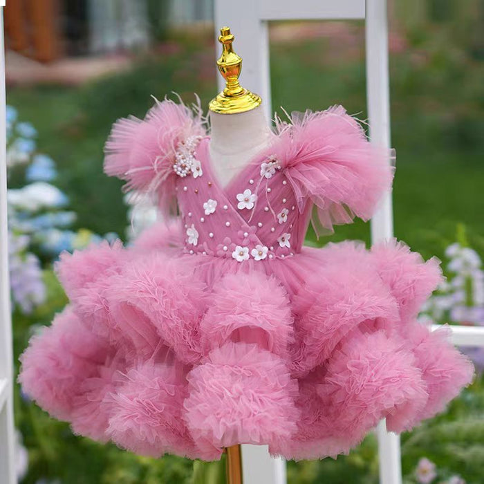 Pink Flowers Knee Length 1st Birthday Party Girl Dress J356