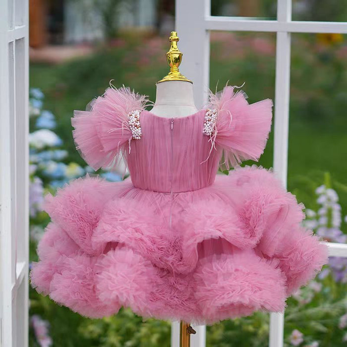 Pink Flowers Knee Length 1st Birthday Party Girl Dress J356