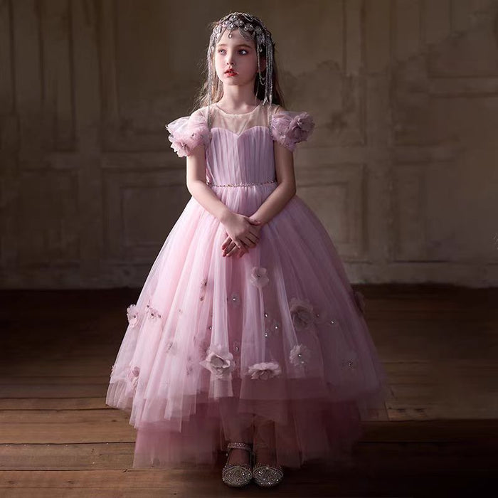 Pink Girl Dress With Handmade Flowers for Birthday Party J091