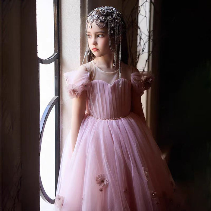 Pink Girl Dress With Handmade Flowers for Birthday Party J091