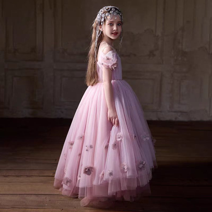 Pink Girl Dress With Handmade Flowers for Birthday Party J091