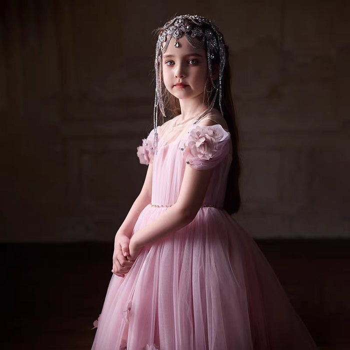 Pink Girl Dress With Handmade Flowers for Birthday Party J091