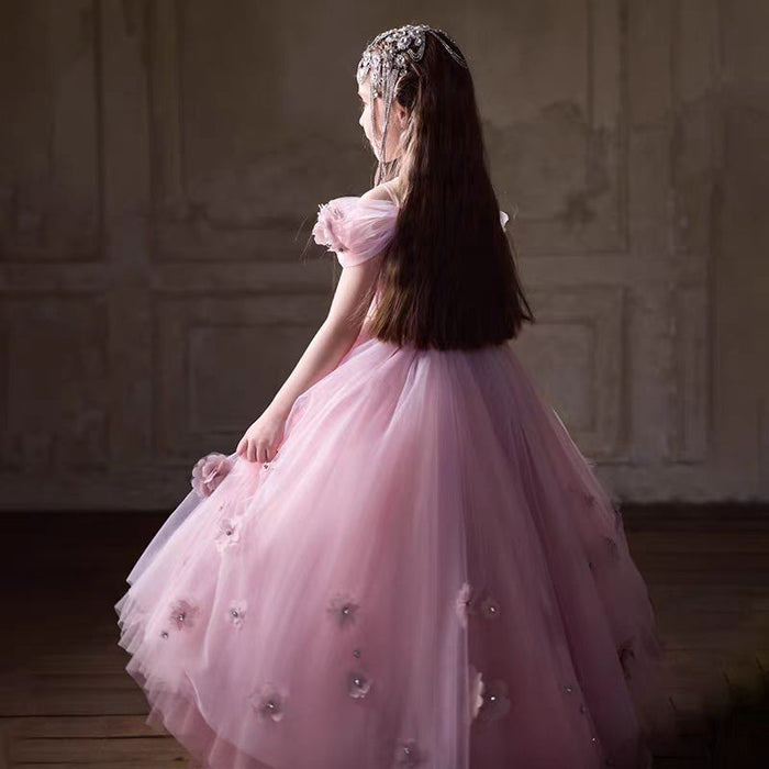 Pink Girl Dress With Handmade Flowers for Birthday Party J091