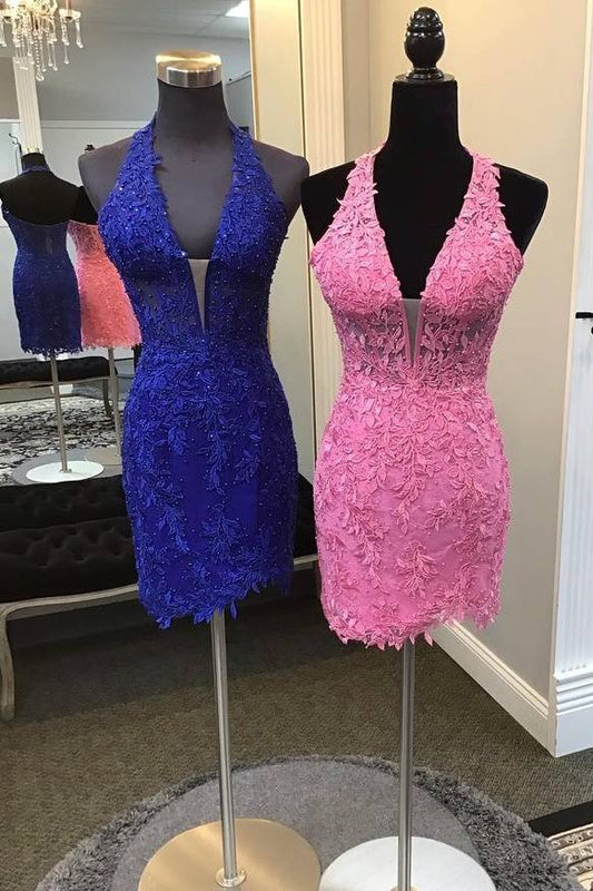 Pink Halter V-Neck Applique Rhinestone Tight Homecoming Dress