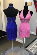 Pink Halter V-Neck Applique Rhinestone Tight Homecoming Dress