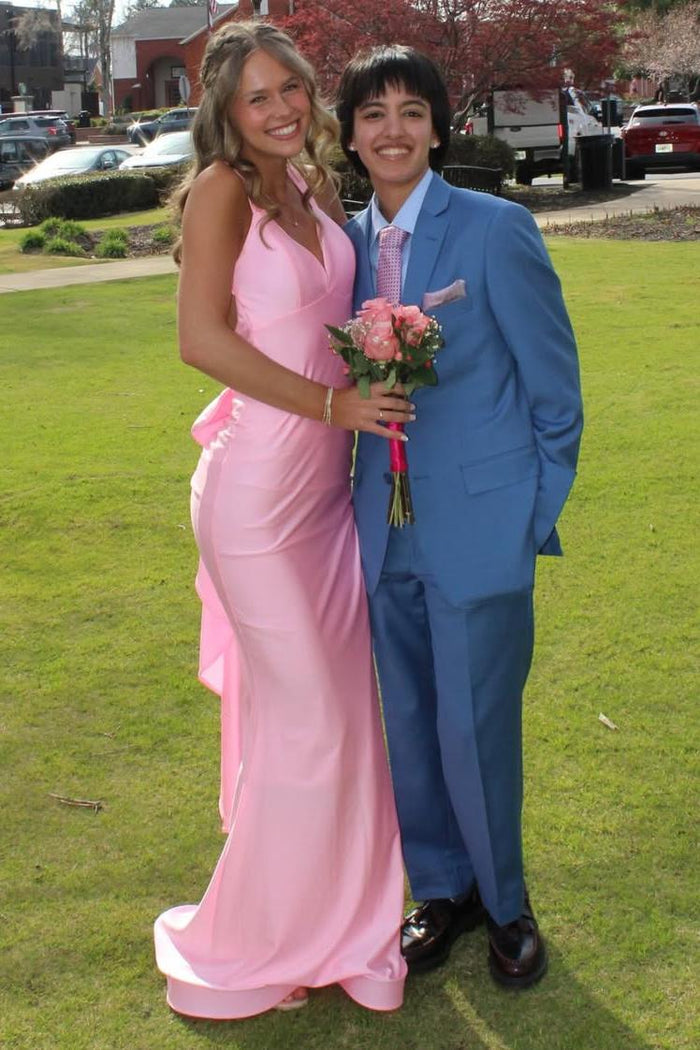 Pink Halter V-Neck Pleats Satin Mermaid Long Prom Dress with Ruffles