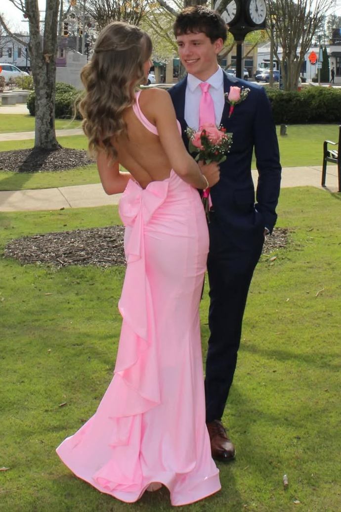 Pink Halter V-Neck Pleats Satin Mermaid Long Prom Dress with Ruffles