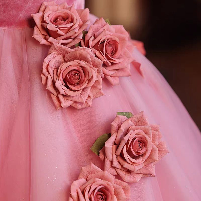 Pink Handmade Flowers Girl Birthday Party Dress J040