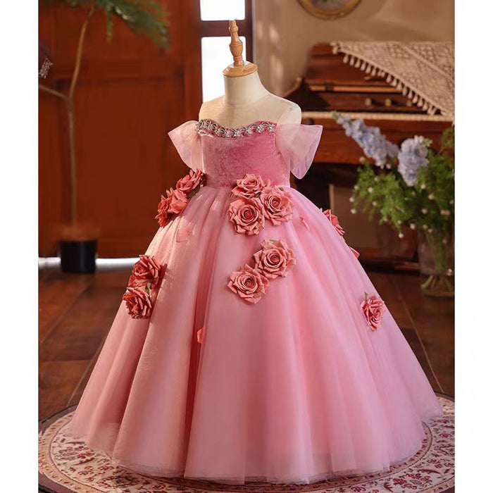 Pink Handmade Flowers Girl Birthday Party Dress J040