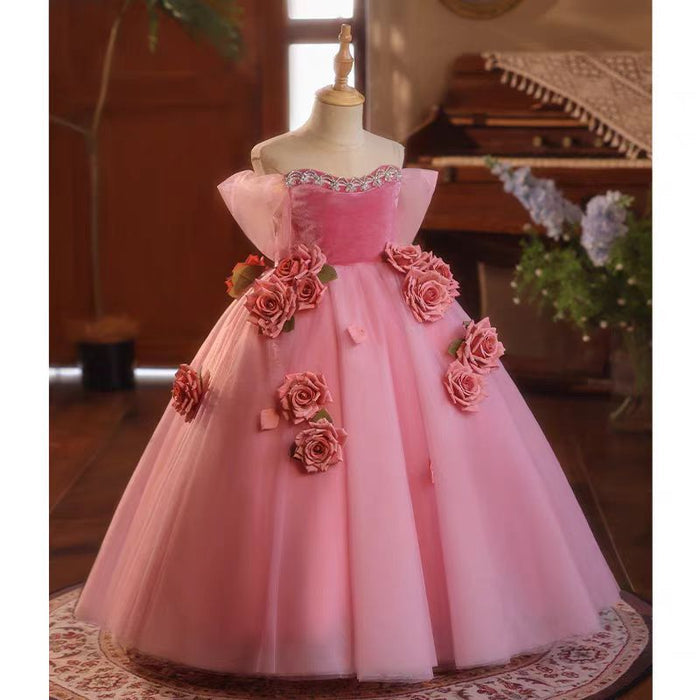 Pink Handmade Flowers Girl Birthday Party Dress J040