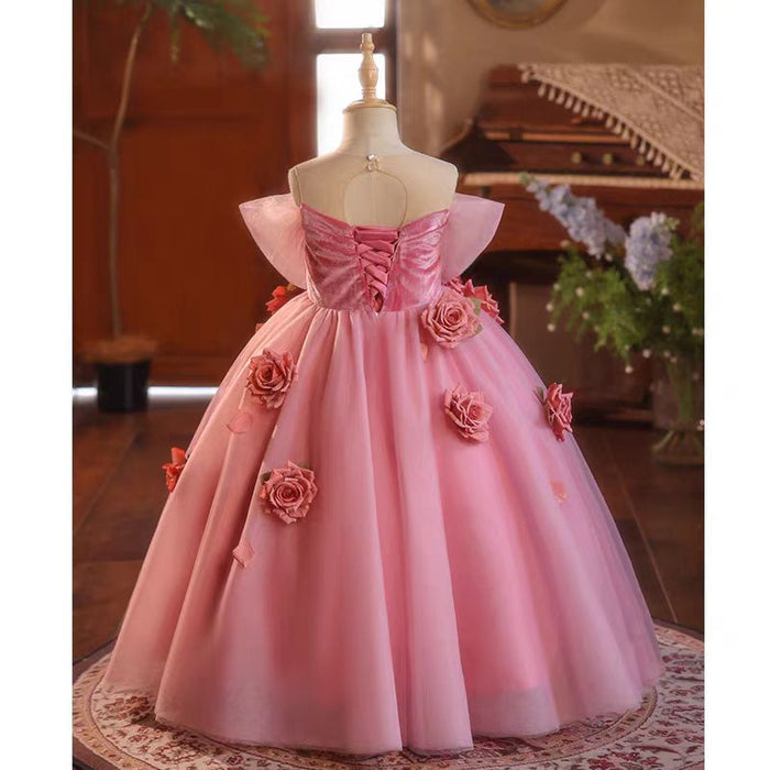Pink Handmade Flowers Girl Birthday Party Dress J040