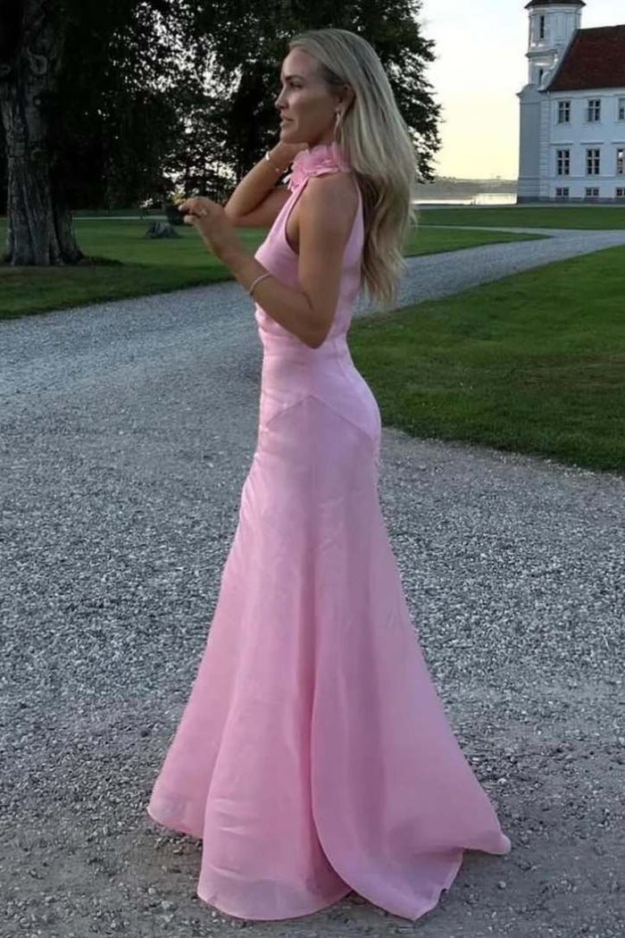 Pink High Neck 3D Flower Sleeveless Evening Prom Dress with Slit