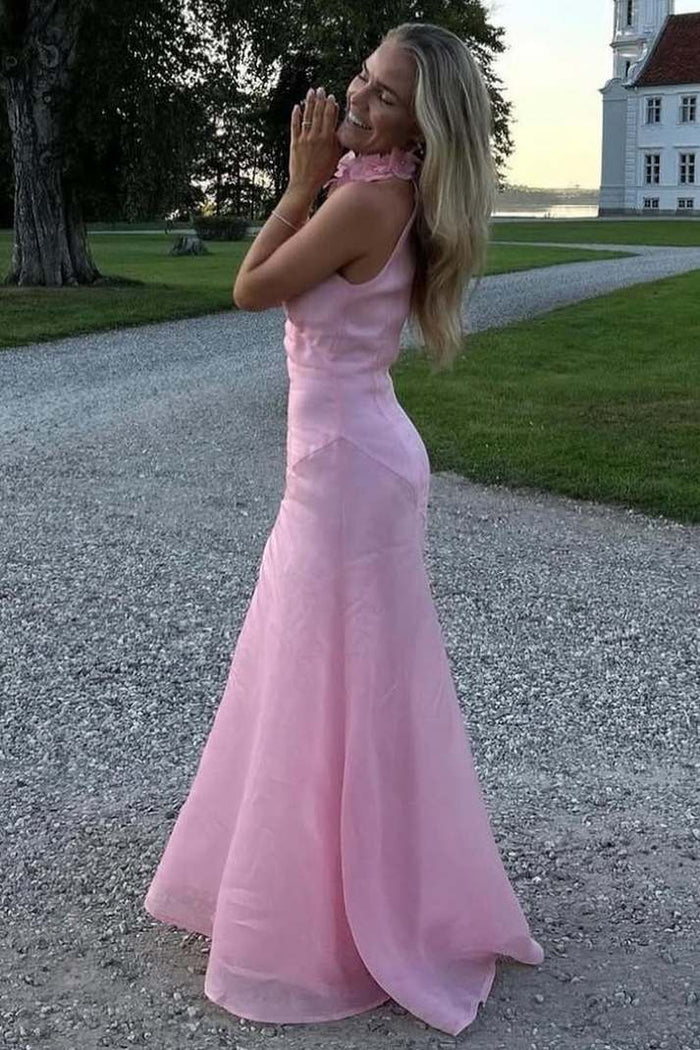 Pink High Neck 3D Flower Sleeveless Evening Prom Dress with Slit