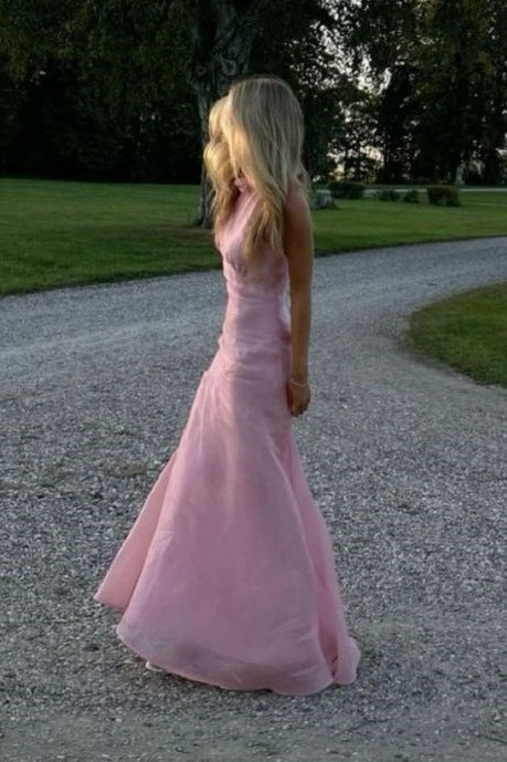Pink High Neck 3D Flower Sleeveless Evening Prom Dress with Slit