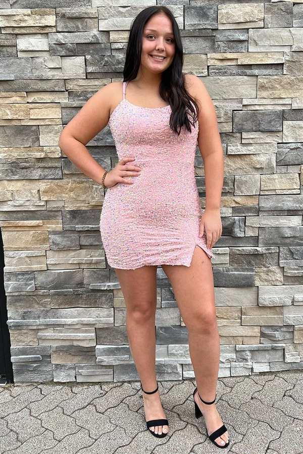 Pink Iridescent Sequin Lace-Up Short Homecoming Dress