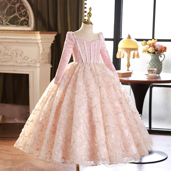 Pink Long Sleeve Beaded Princess Birthday Girl Dress J291