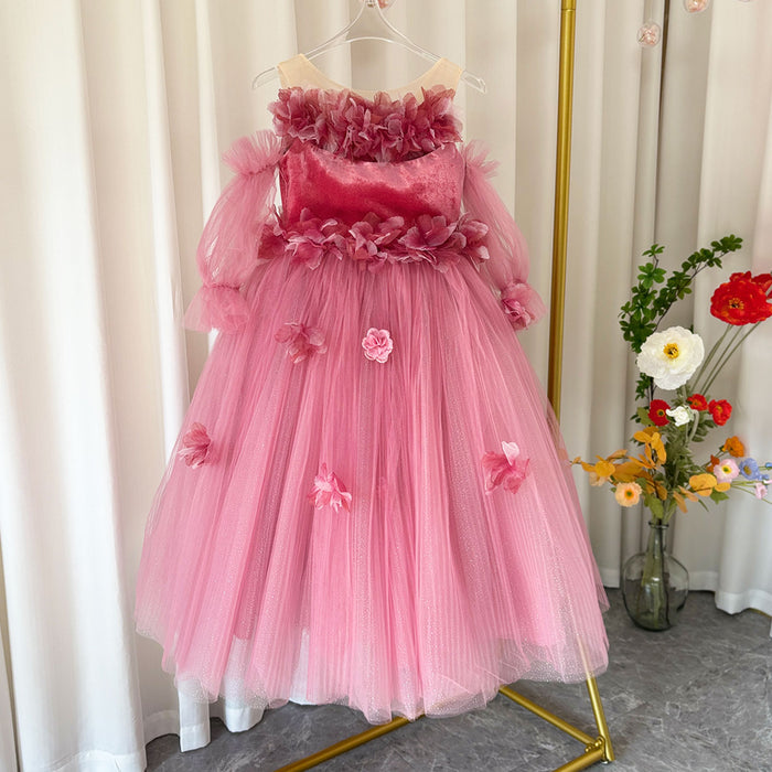Pink Long Sleeve Girl Birthday Pageant Party Dress J350