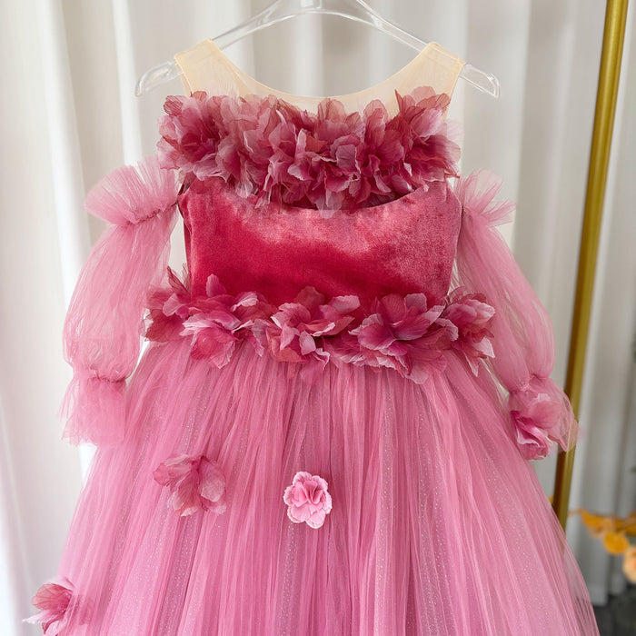 Pink Long Sleeve Girl Birthday Pageant Party Dress J350