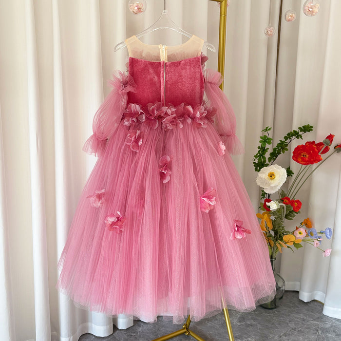 Pink Long Sleeve Girl Birthday Pageant Party Dress J350