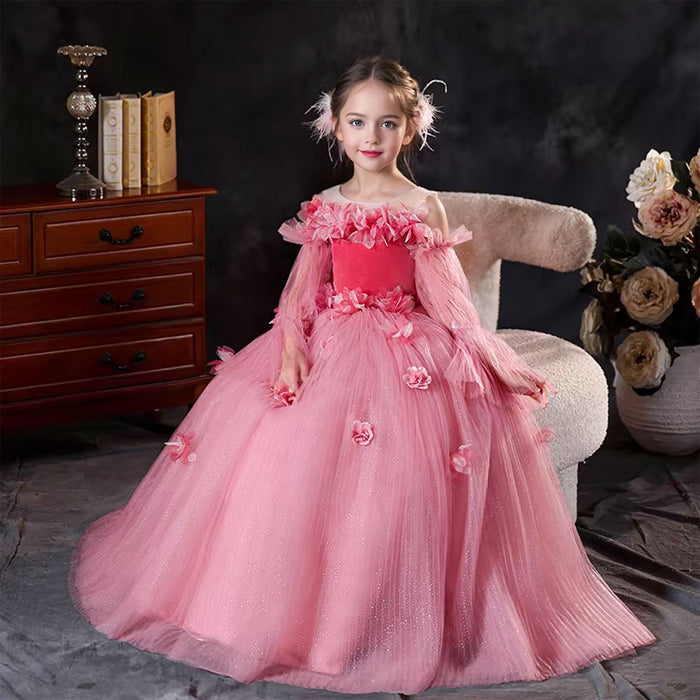 Pink Long Sleeve Girl Birthday Pageant Party Dress J350