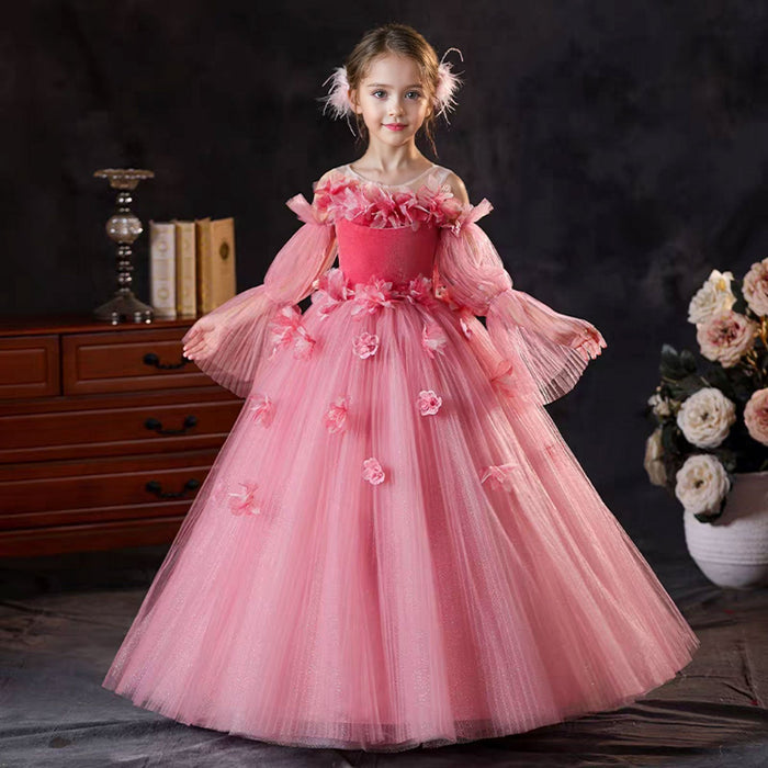 Pink Long Sleeve Girl Birthday Pageant Party Dress J350