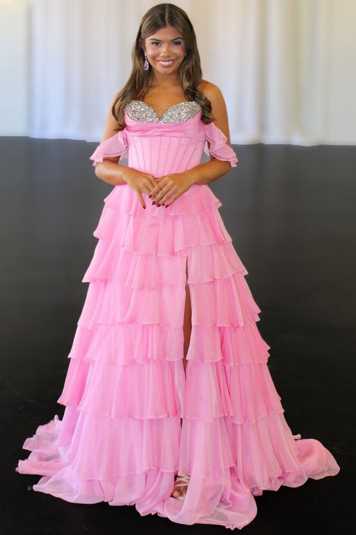 Pink Off-Shoulder Beads Sweetheart A-Line Ruffles Chiffon Prom Dress