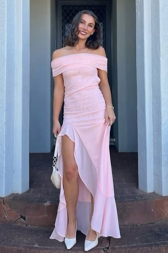 Pink Off-Shoulder Ruffles Chiffon Pleats Long Prom Dress with High Slit