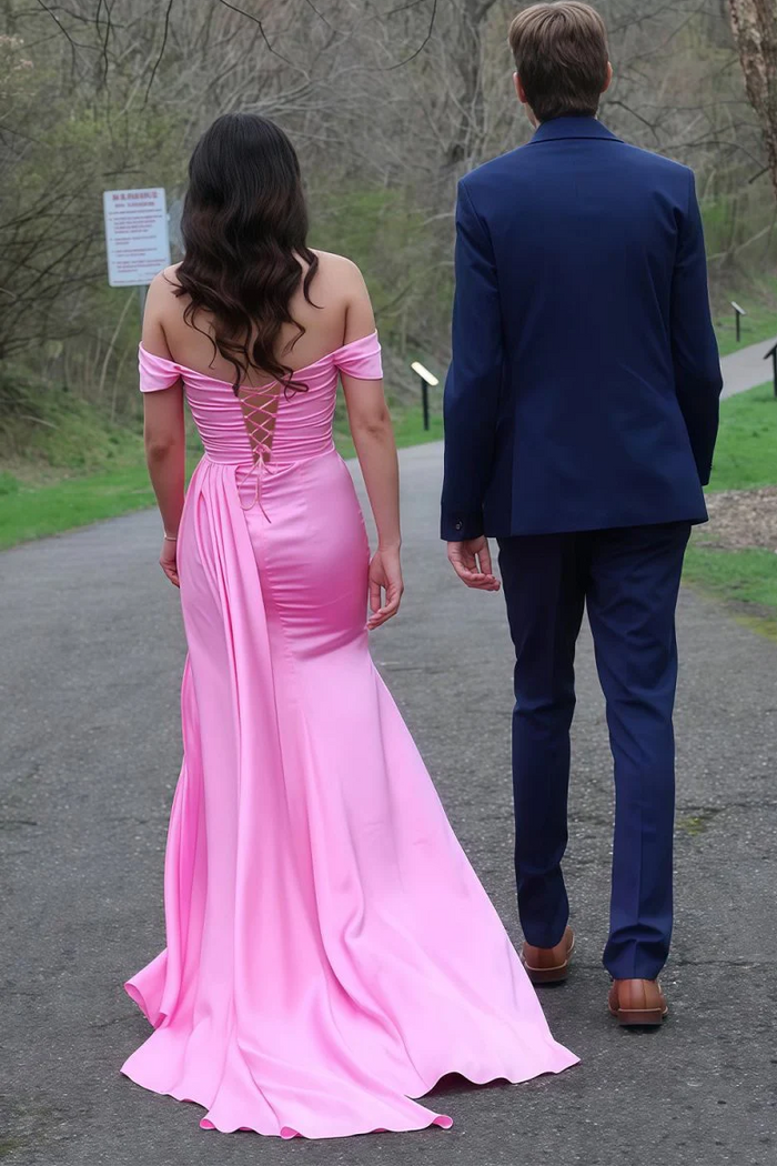 Pink Off-Shoulder Sweetheart Beads Pleats Long Prom Dress with Slit