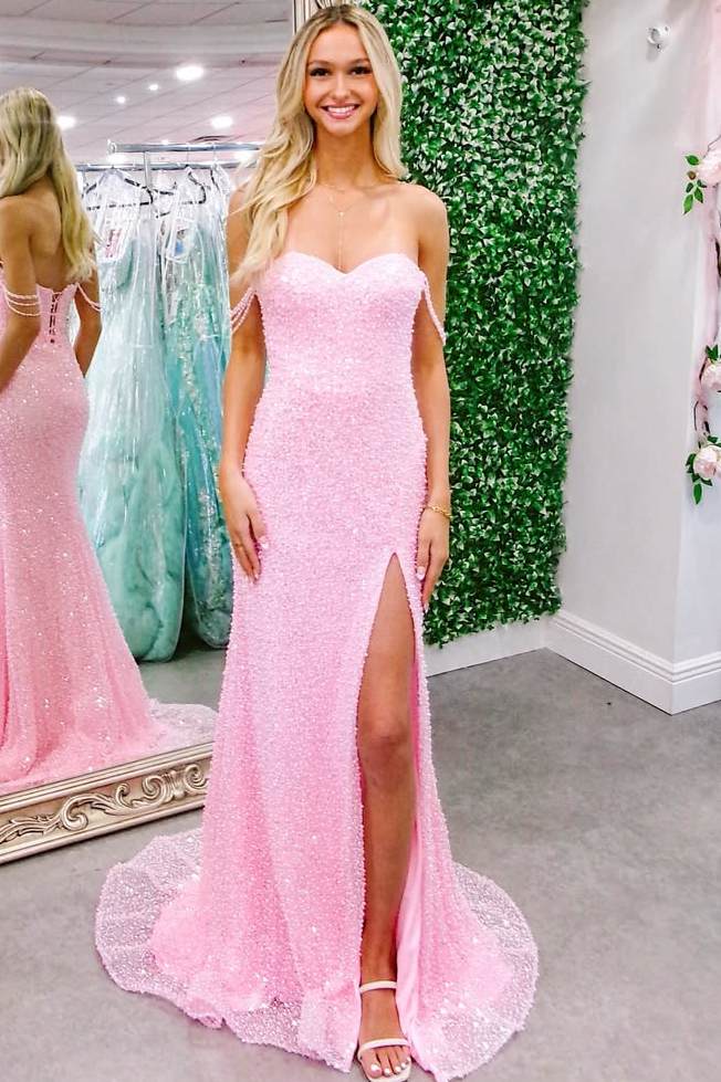 Pink Off-Shoulder Sweetheart Glitter Mermaid Long Prom Dress with Slit
