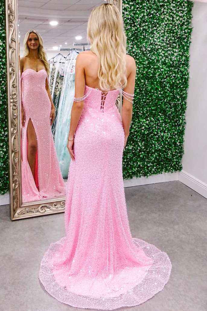 Pink Off-Shoulder Sweetheart Glitter Mermaid Long Prom Dress with Slit