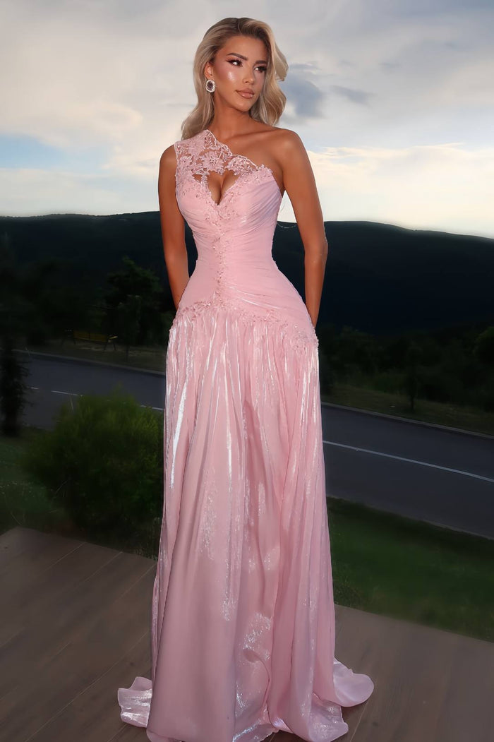 Pink One Shoulder A-Line Pleated Empire-Waist Pleated Long Prom Dress