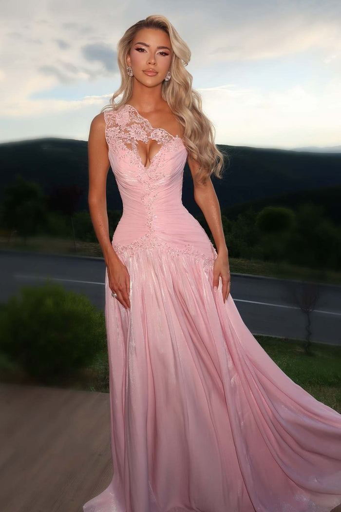 Pink One Shoulder A-Line Pleated Empire-Waist Pleated Long Prom Dress