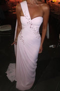Pink One Shoulder Sleeveless Beads Pleats Fitted Evening Prom Dress