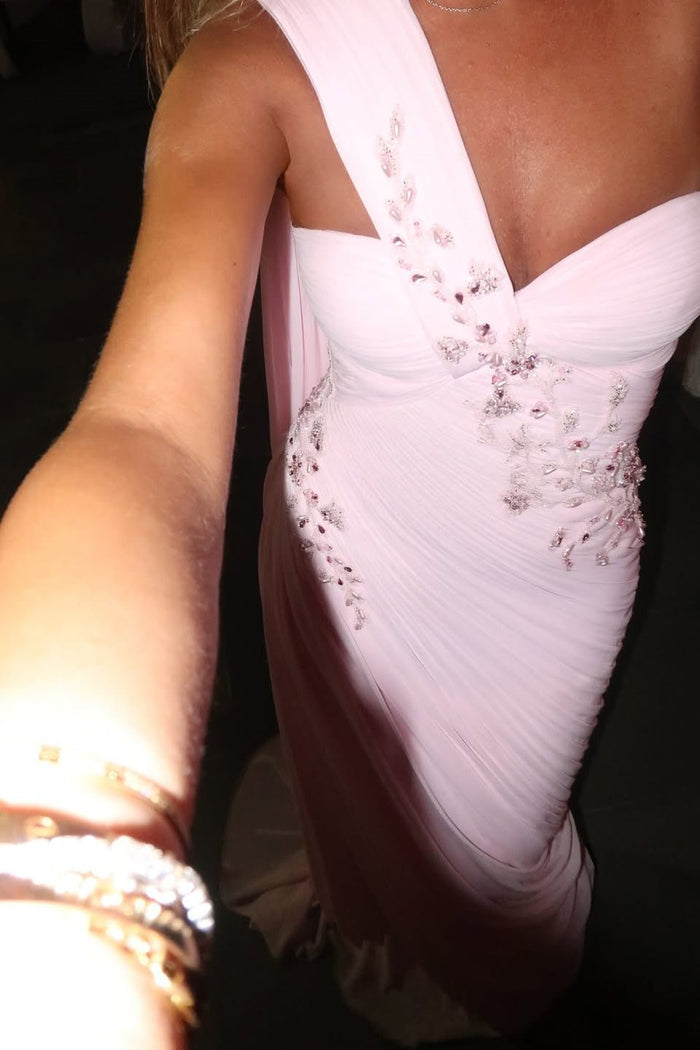 Pink One Shoulder Sleeveless Beads Pleats Fitted Evening Prom Dress