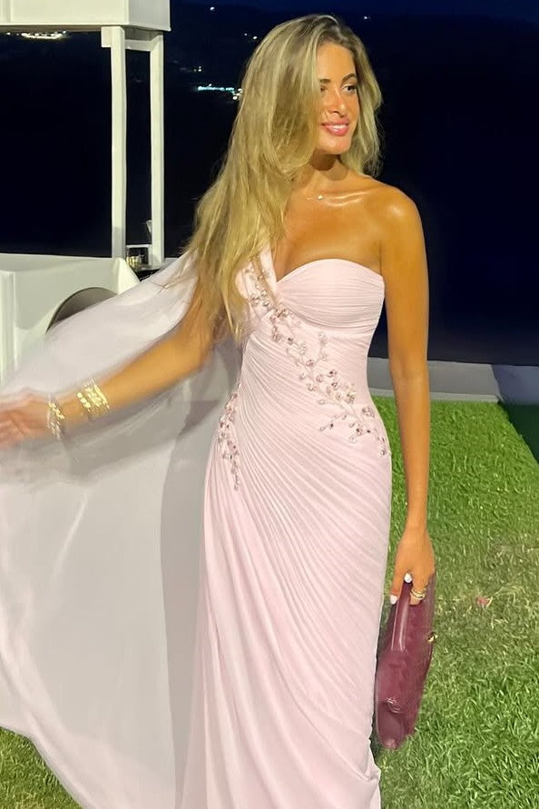 Pink One Shoulder Sleeveless Beads Pleats Fitted Evening Prom Dress