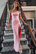 Pink One Shoulder Twist High Slit Satin Sleeveless Long Prom Dress