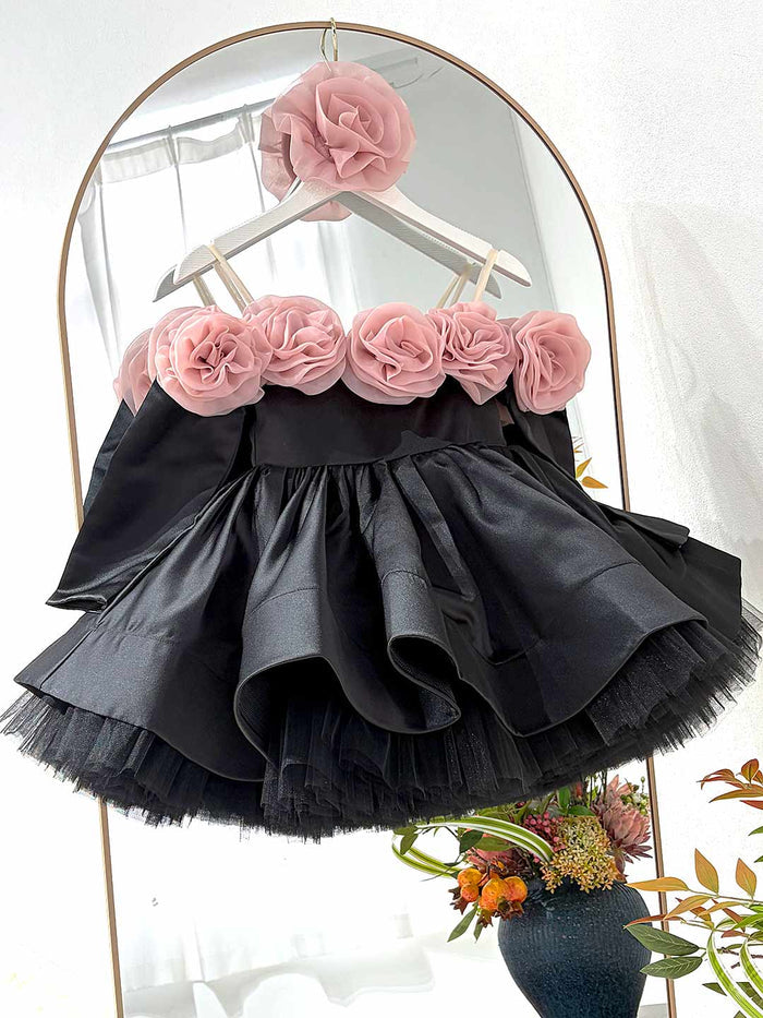 Pink Rose Flower Girl Dress with Black Tulle Toddler Birthday D134