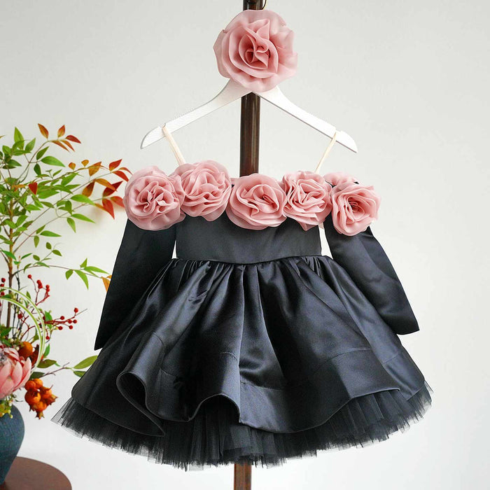 Pink Rose Flower Girl Dress with Black Tulle Toddler Birthday D134