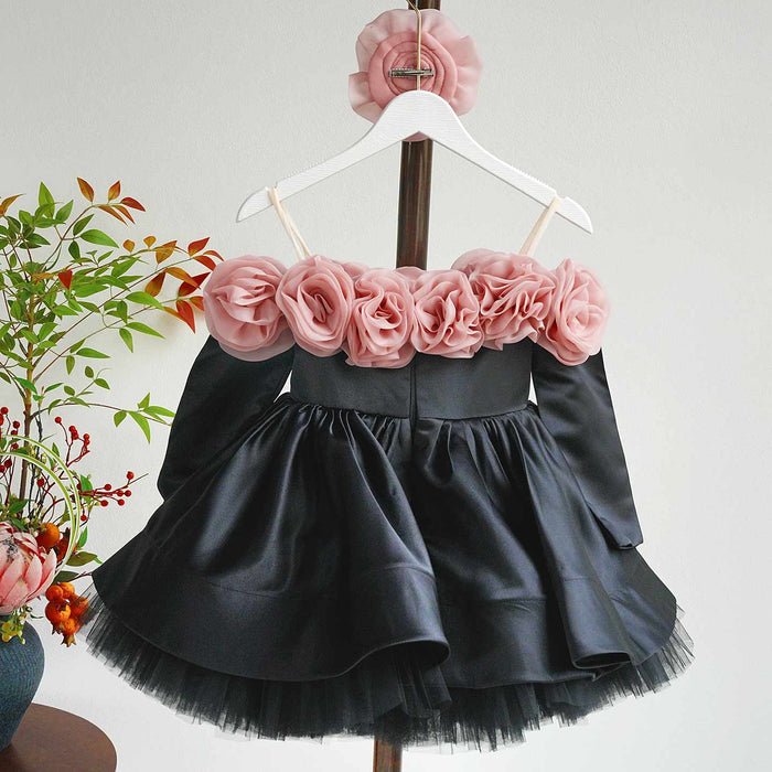 Pink Rose Flower Girl Dress with Black Tulle Toddler Birthday D134