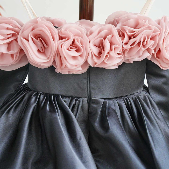 Pink Rose Flower Girl Dress with Black Tulle Toddler Birthday D134