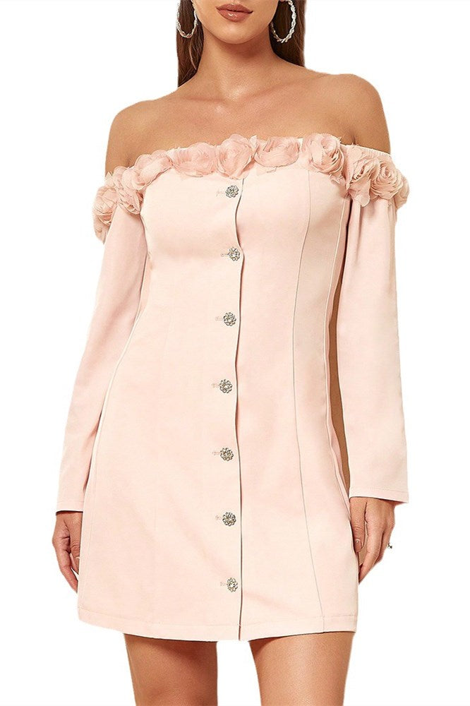 Pink Rosette Off-the-Shoulder Bodycon Mini Dress