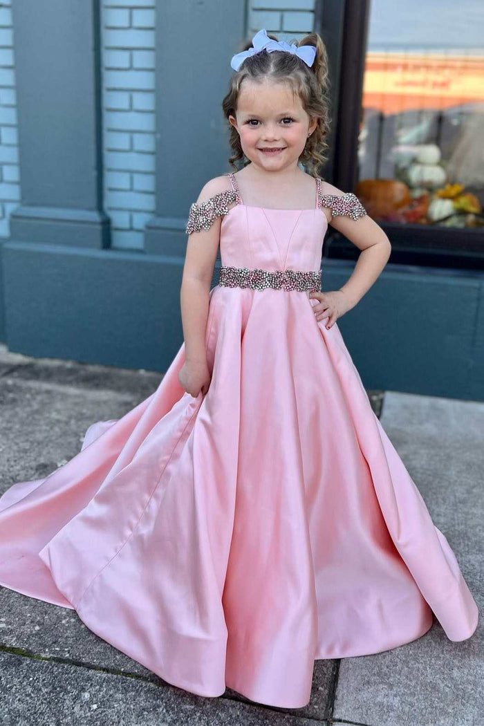Pink Satin Beaded Belted A-Line Girl Pageant Dress