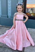 Pink Satin Beaded Belted A-Line Girl Pageant Dress