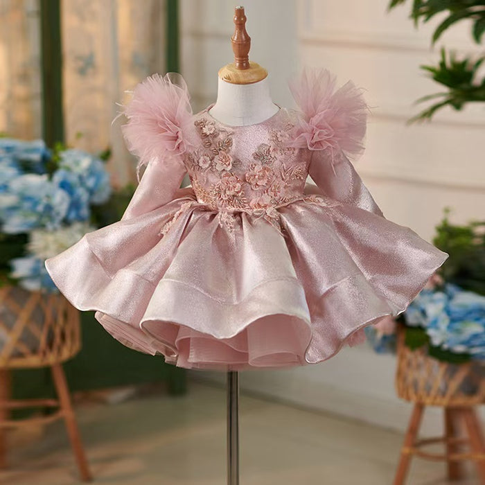 Pink Satin Knee Length Long Sleeve 1st Birhhday Girl Dress J311