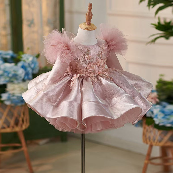 Pink Satin Knee Length Long Sleeve 1st Birhhday Girl Dress J311