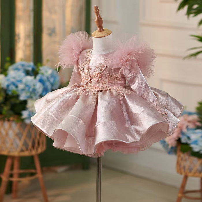 Pink Satin Knee Length Long Sleeve 1st Birhhday Girl Dress J311