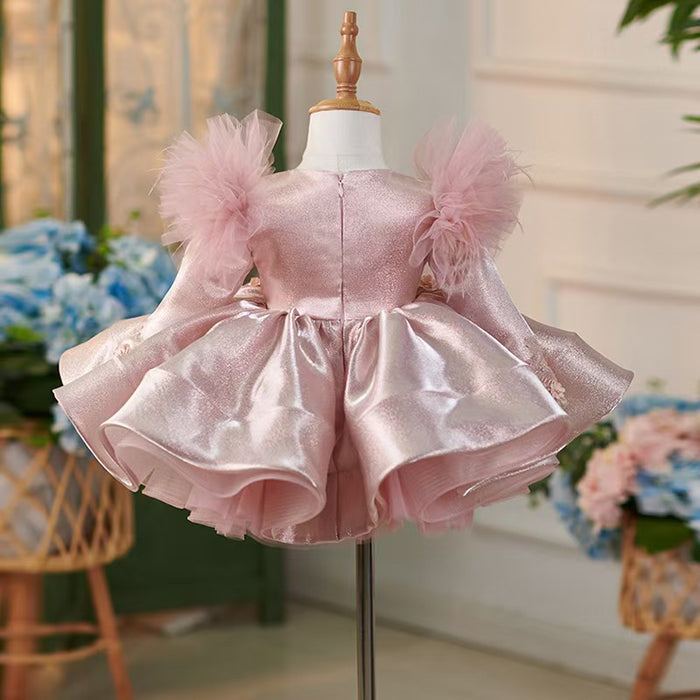 Pink Satin Knee Length Long Sleeve 1st Birhhday Girl Dress J311